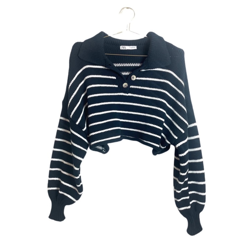 NWOT Zara • Midnight/White Striped Chunky Knit Cropped Sweater Size L